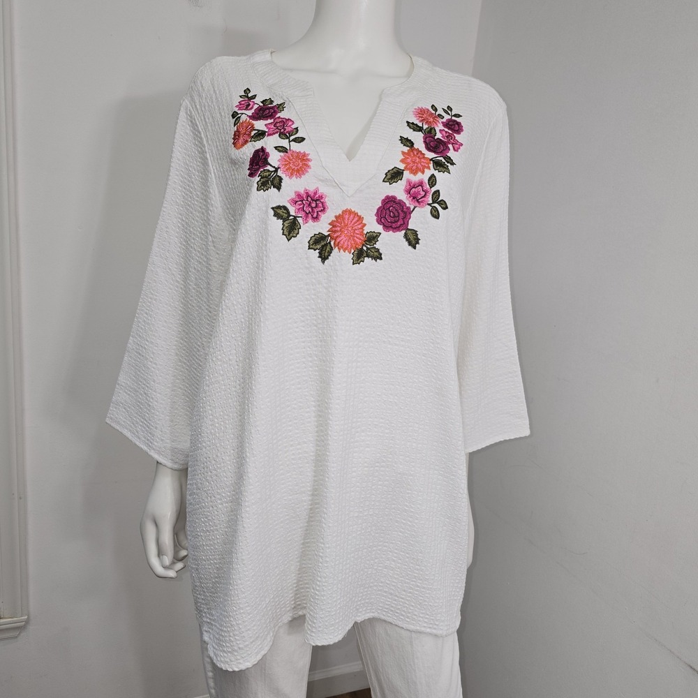 Isaac Mizrahi Live! Embroidered Textured Tunic Ivory Floral 3/4 Sleeve Size XLP